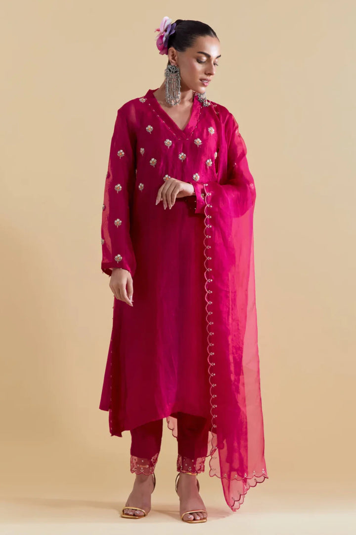 Hand Embroidered Kurta Set in Rani Pink
