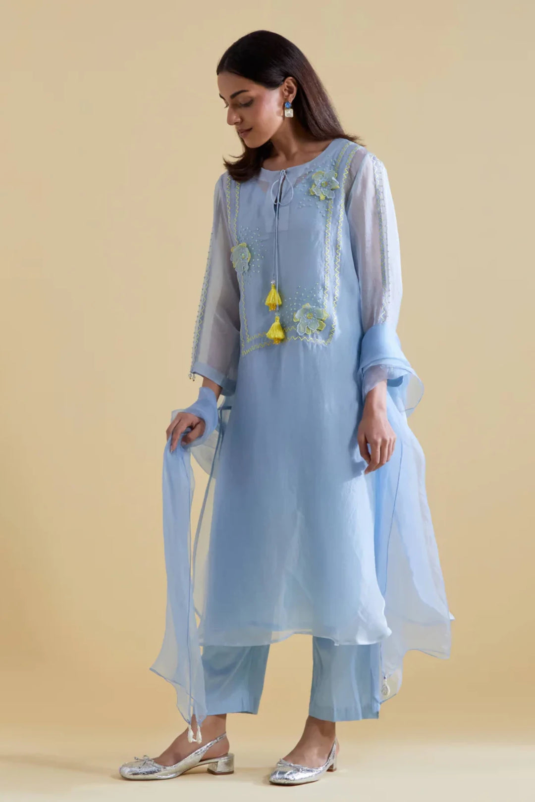 Sky Blue Organza Dupatta with Tassels