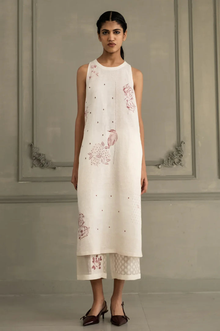 Ivory Block Print Linen Tunic With Embroidery and Linen Flared Pant
