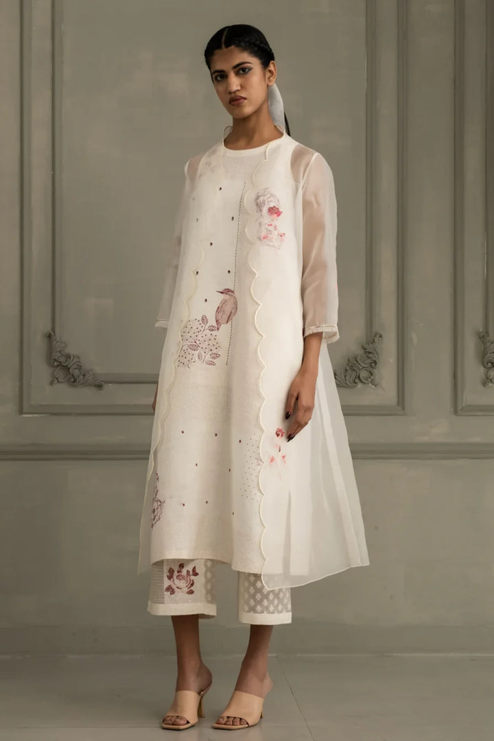 Ivory Rose Applique Work Scalloped Organza Jacket With Printed Tunic and Flared Pant in Linen