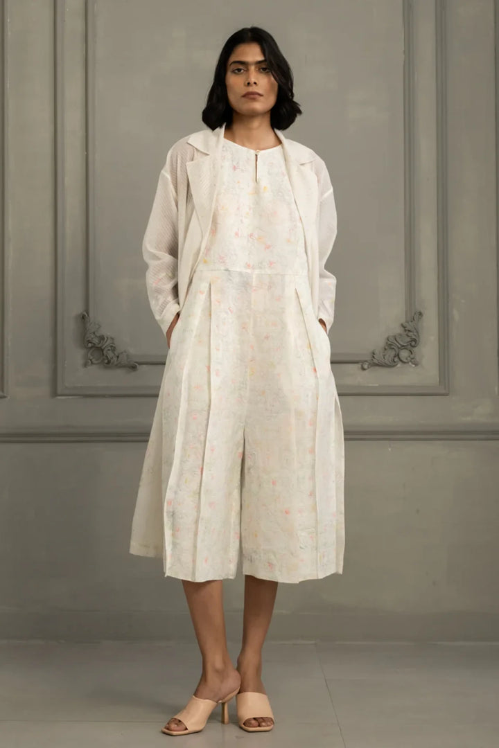 Ivory Quilting Mul Chanderi Jacket With Embroidery and Multiprint Jumpsuit in Linen