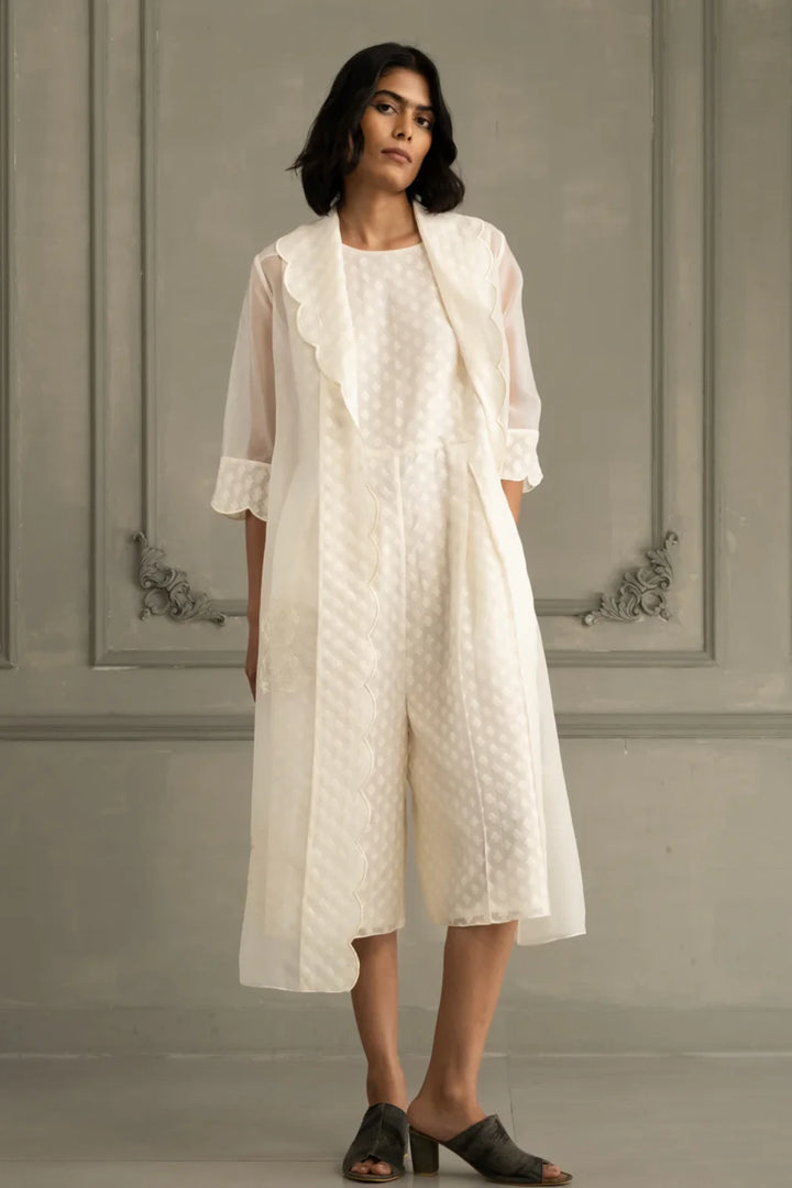 Ivory Scalloped Organza Jacket With Embroidery and Jumpsuit in Brocade