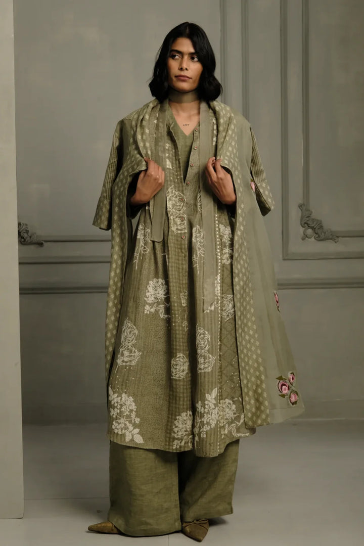 Sage Green Applique Work Embroidered Organza Jacket With  Discharge Print Dress in Gauze Linen and  Linen Straight Pants