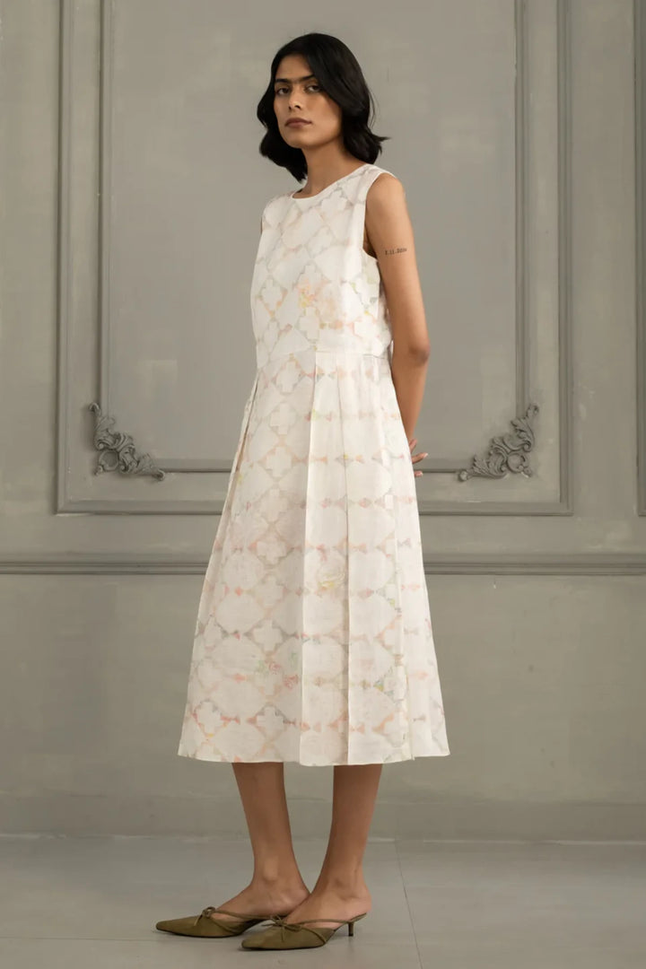 Ivory Applique Work/ Embroidered  and Porcupine Sleeves Organza Jacket With Multiprint Dress in Linen