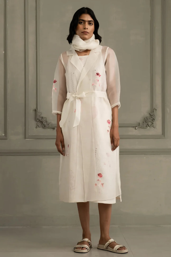 Ivory Rose Applique Work Organza Jacket With  Block Print Linen Strap Dress
