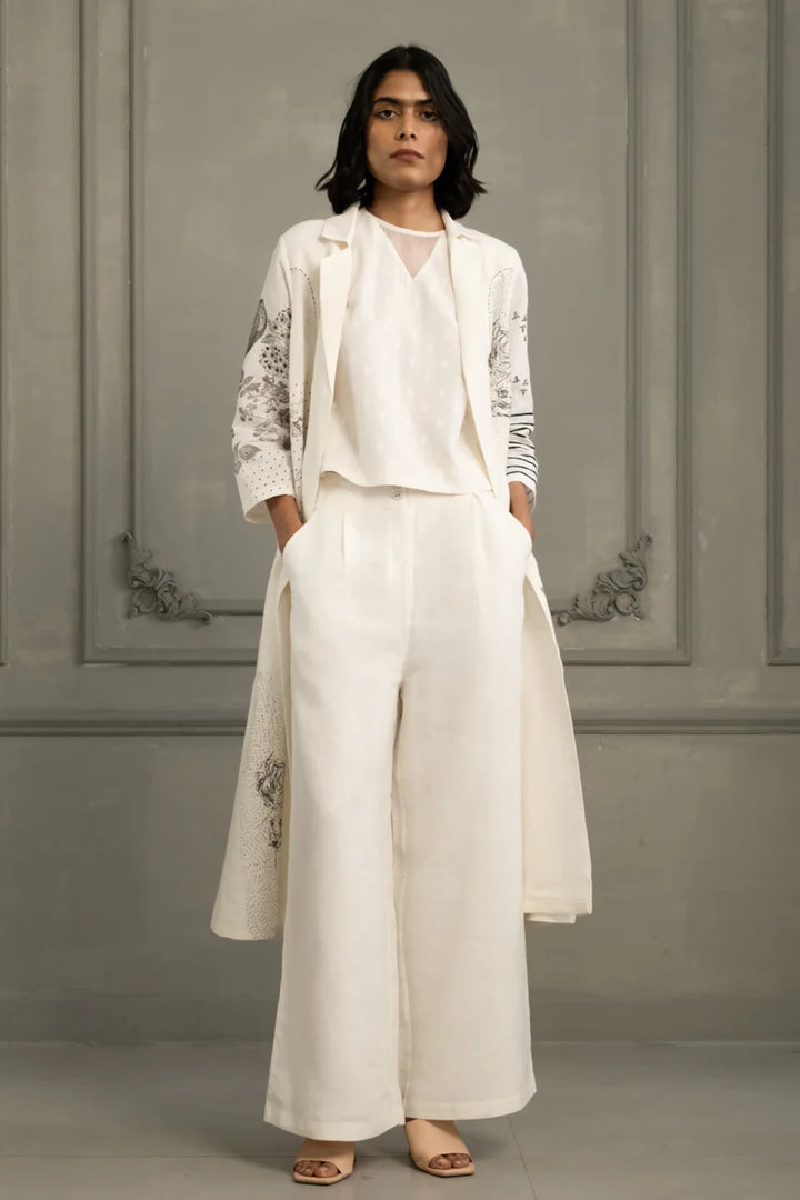 Ivory Embroidery and Block Print Jacket With Top and Flared Pant in Linen