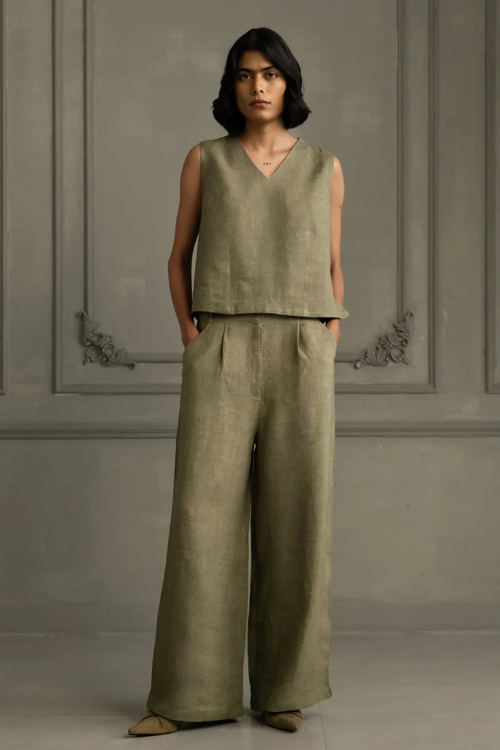 Sage Green Applique Work Embroidered Jacket With Top and Flared Pant in Linen