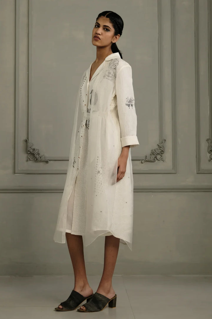 Ivory Double Layer Block Print Dress in Linen and Organza With Embroided Sleeves