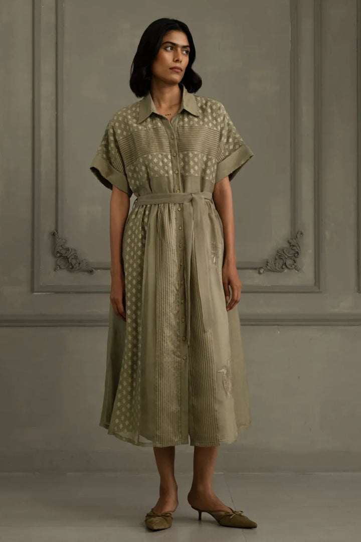 Sage Green Lace Dress With Belt and Embroidery