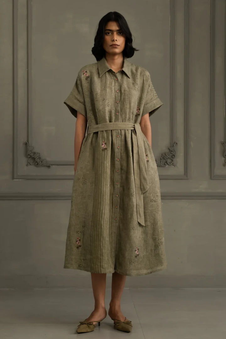 Sage Green Dress in Gauze Linen With Belt and Embroidery