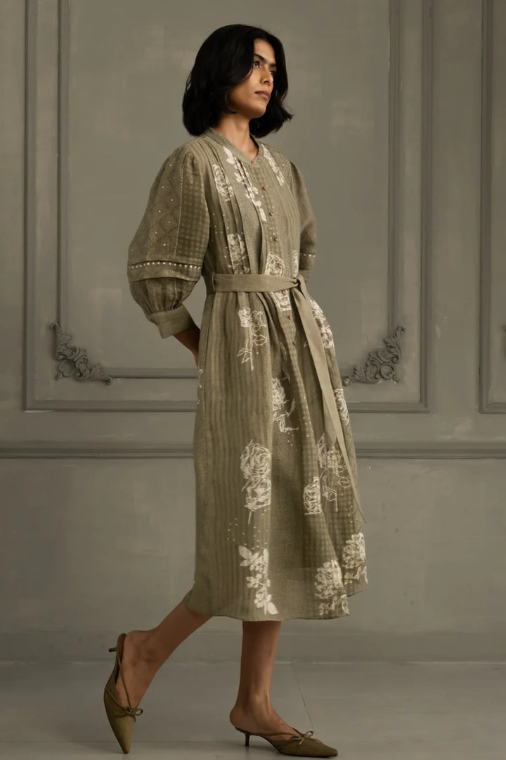 Sage Green Discharge Print Dress in Gauze Linen With Belt and Embroidery