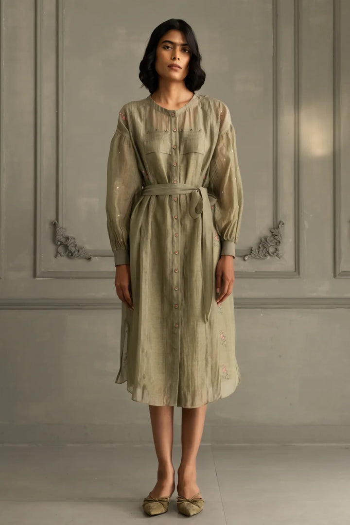 Sage Green Dress in Mul Chanderi With Belt and Hand Embroidery