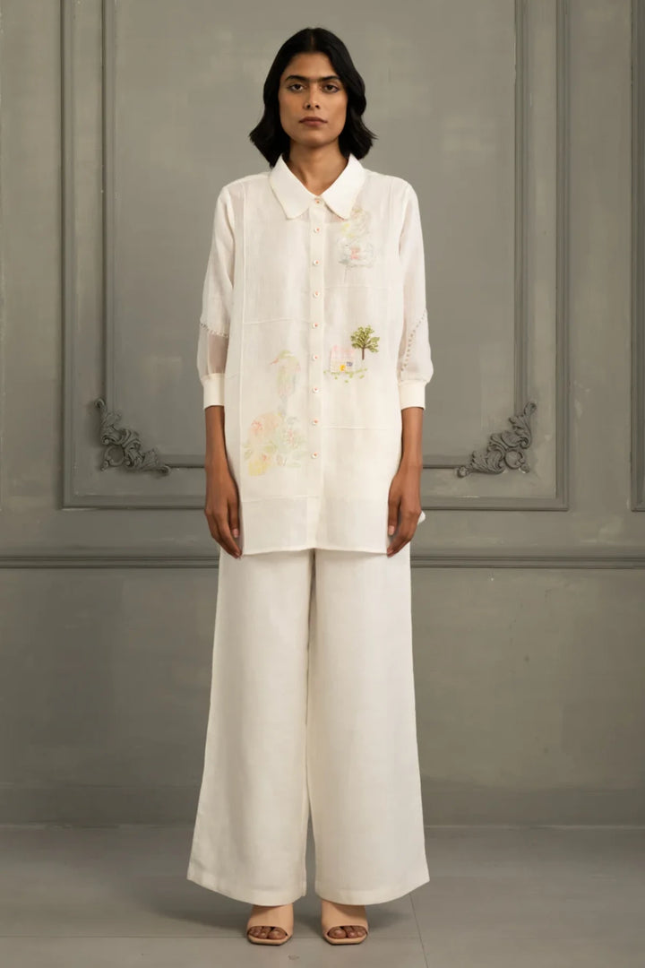 Ivory Shirt in Gauze Linen With Embroidery and Flared Pants in Linen