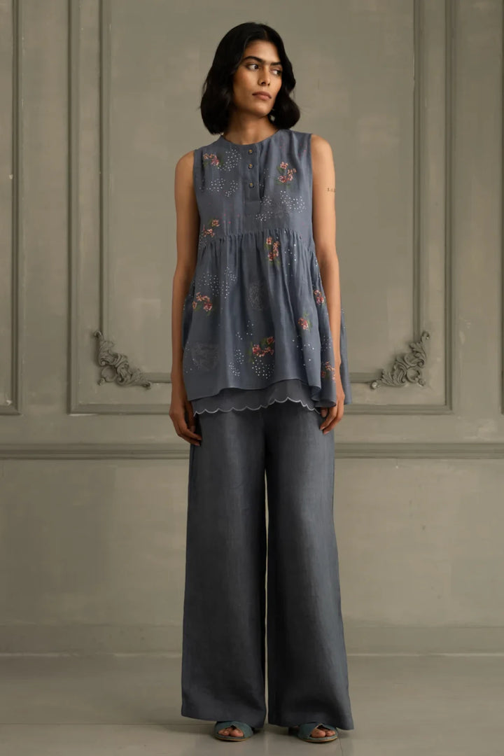Stone Blue Shirt in Mul Chanderi With Embroidery and Flared Pants in Linen