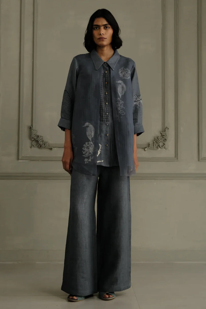 Stone Blue Linen Shirt With Embroidery and Flared Pants in Linen