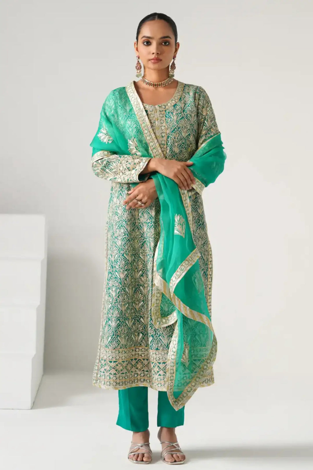 Dilruba - Long Kurta Set - Aqua