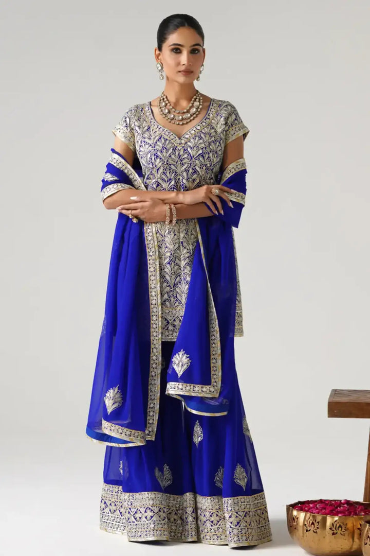 Dilruba - Short Kurta Sharara Set - Blue