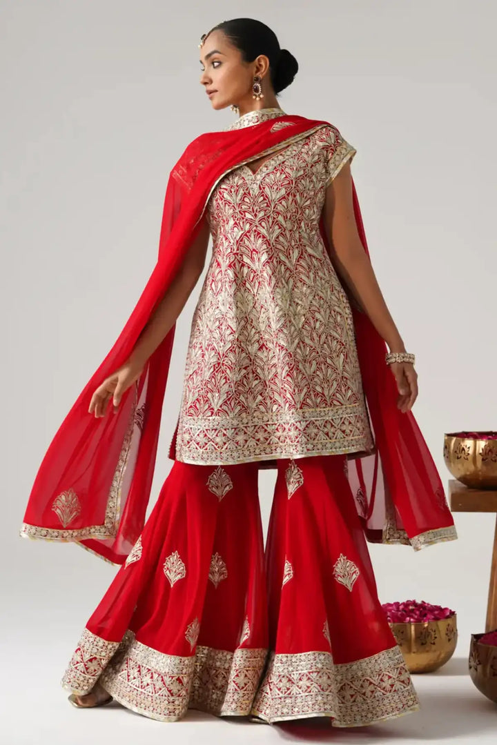 Dilruba - Short Kurta Sharara Set - Red