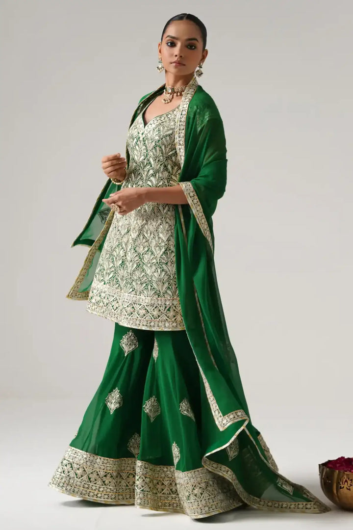Dilruba - Short Kurta Sharara Set - Green
