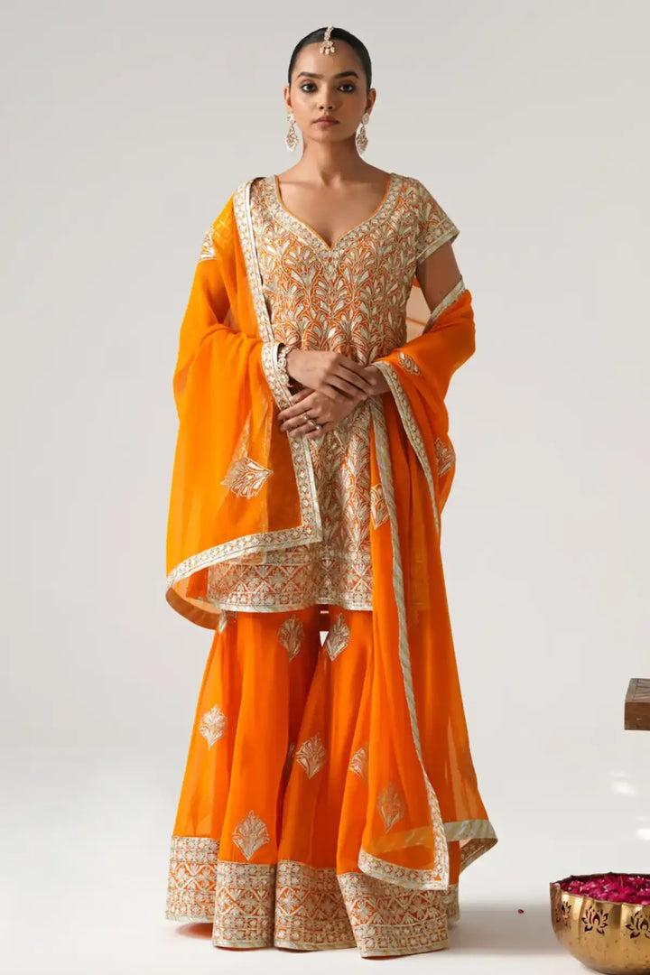 Dilruba - Short Kurta Sharara Set - Orange
