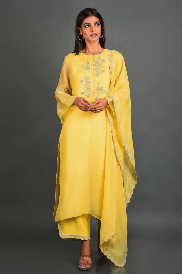 Yellow Organza Kurta With Pant and Dupatta