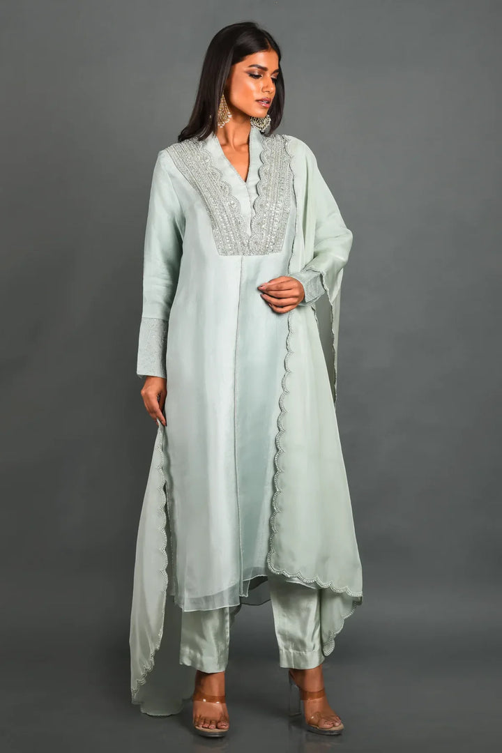Grey Organza Kurta With Pant and Dupatta