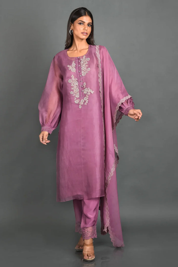 Purple Organza Kurta With Pant and Dupatta