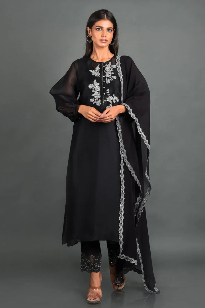 Black Organza Kurta With Pant and Dupatta