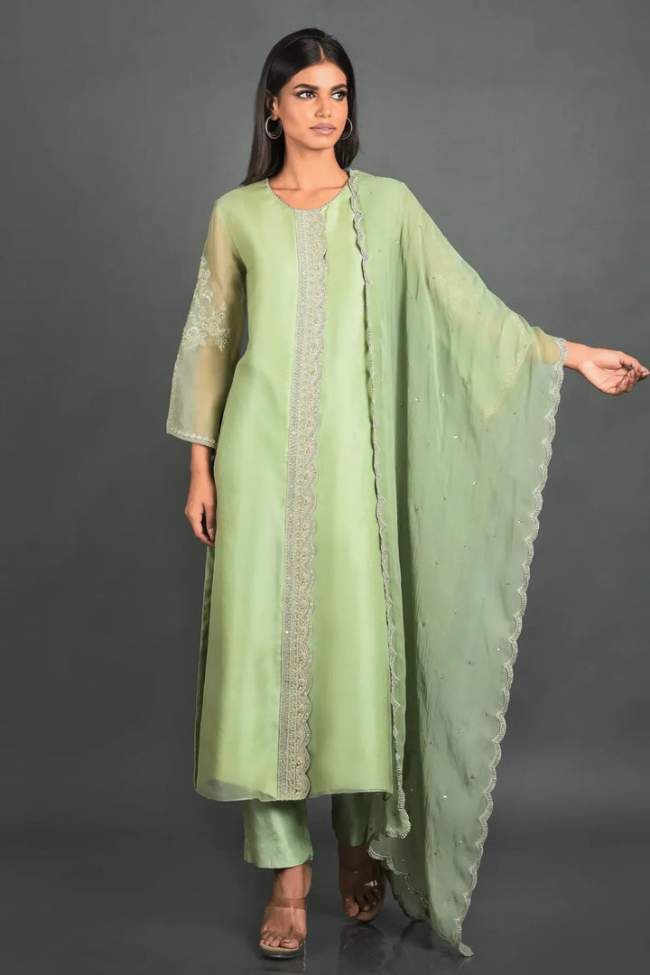 Green Organza Kurta With Pant and Dupatta