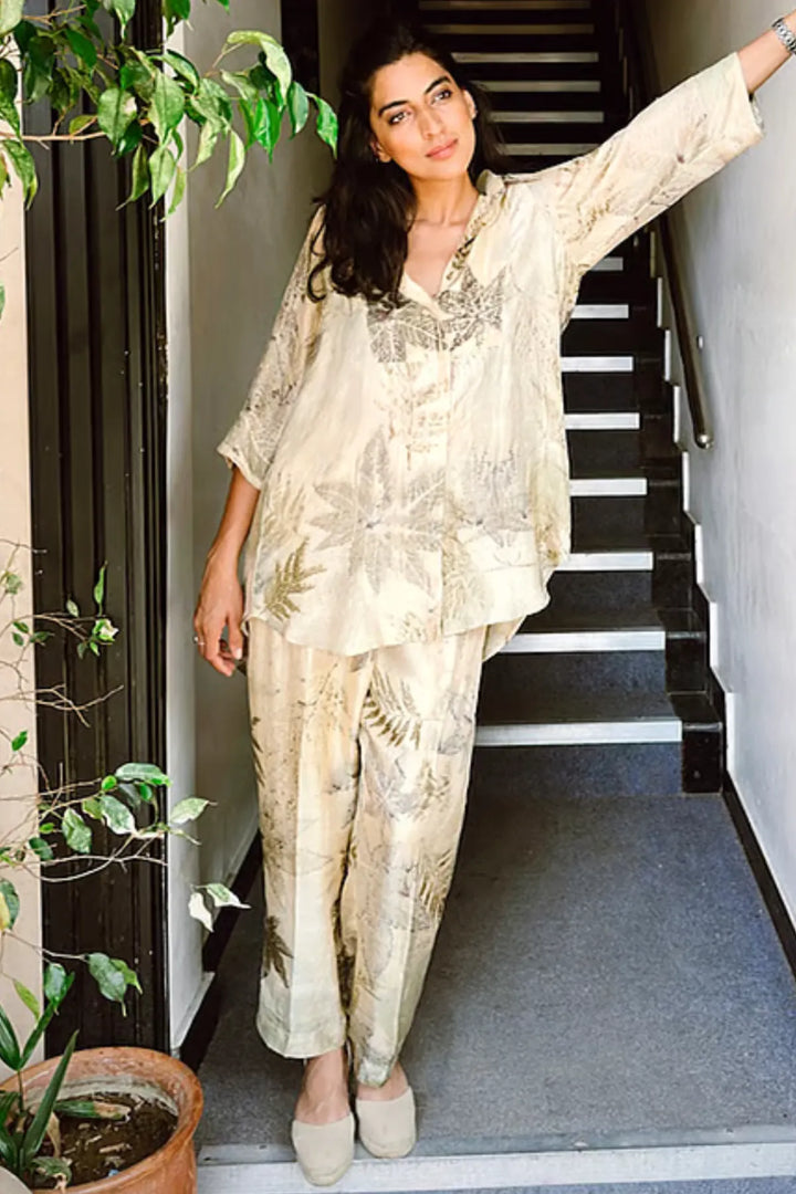 Botanical eco-printed mulberry silk long shirt + pants set - Ivory