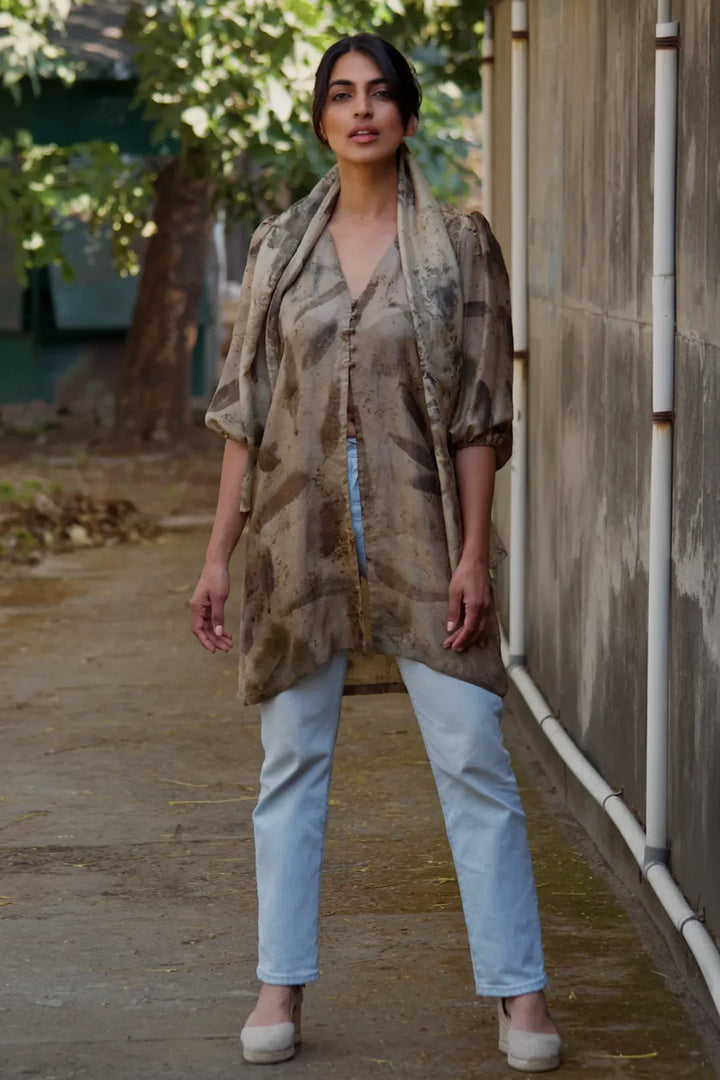 Charcoal brown eco-printed silk shirt