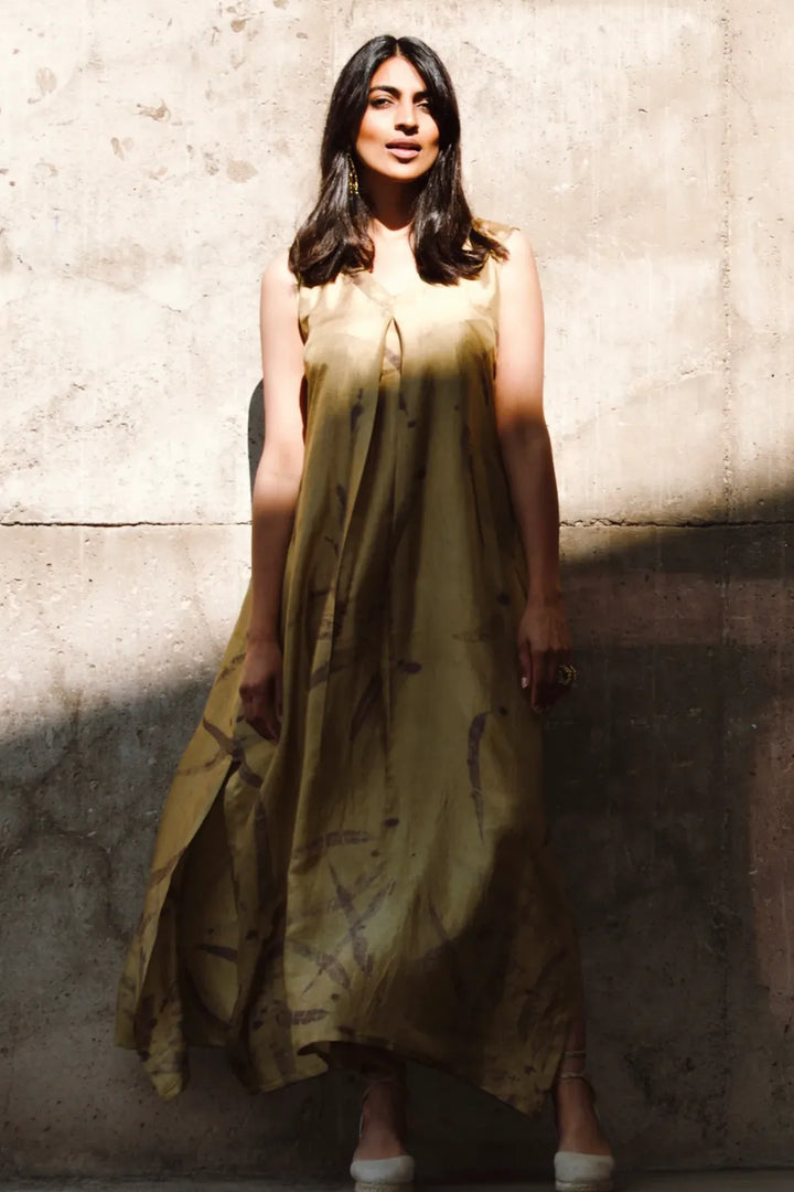 Gold eco-printed silk sleeveless kaftan