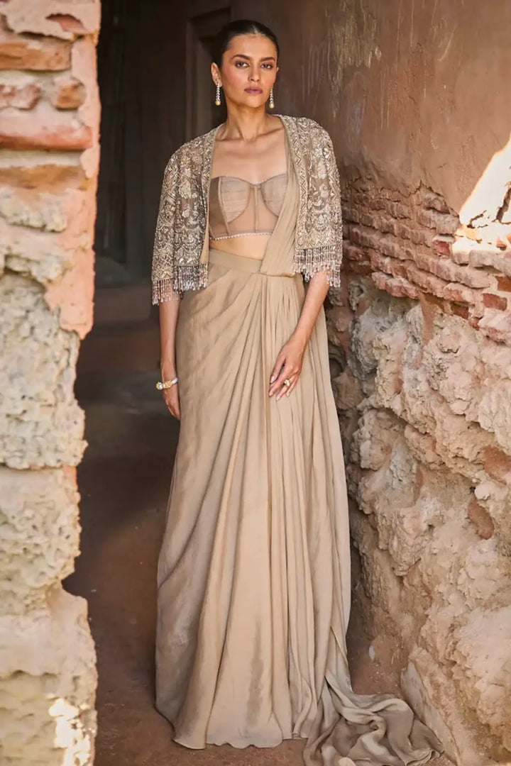 Golden Beige Pre-Draped Saree