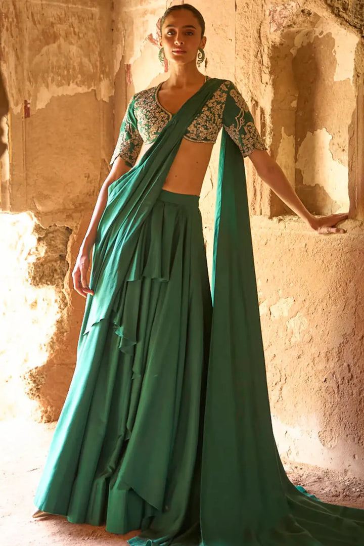 Emerald Green Pre-Draped Saree