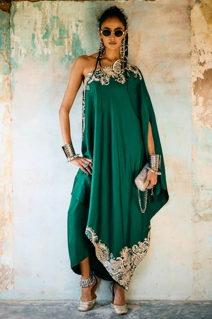 Emerald Green Off Shoulder Cape Set