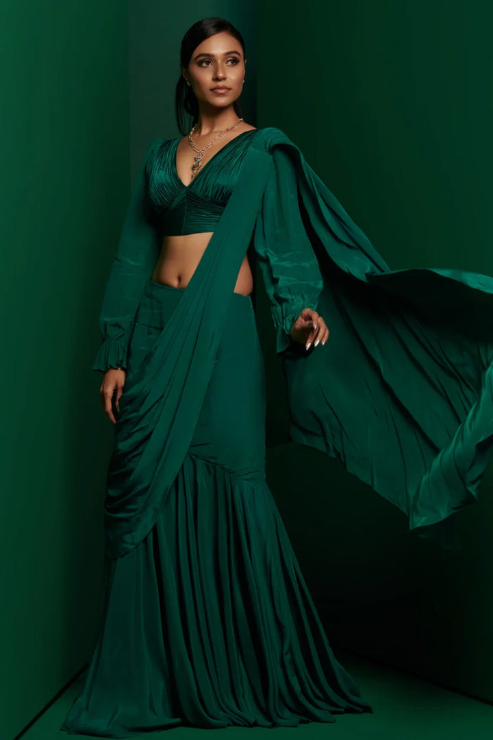 Bottle Green Gathered Blouse With Skirt Drape Saree