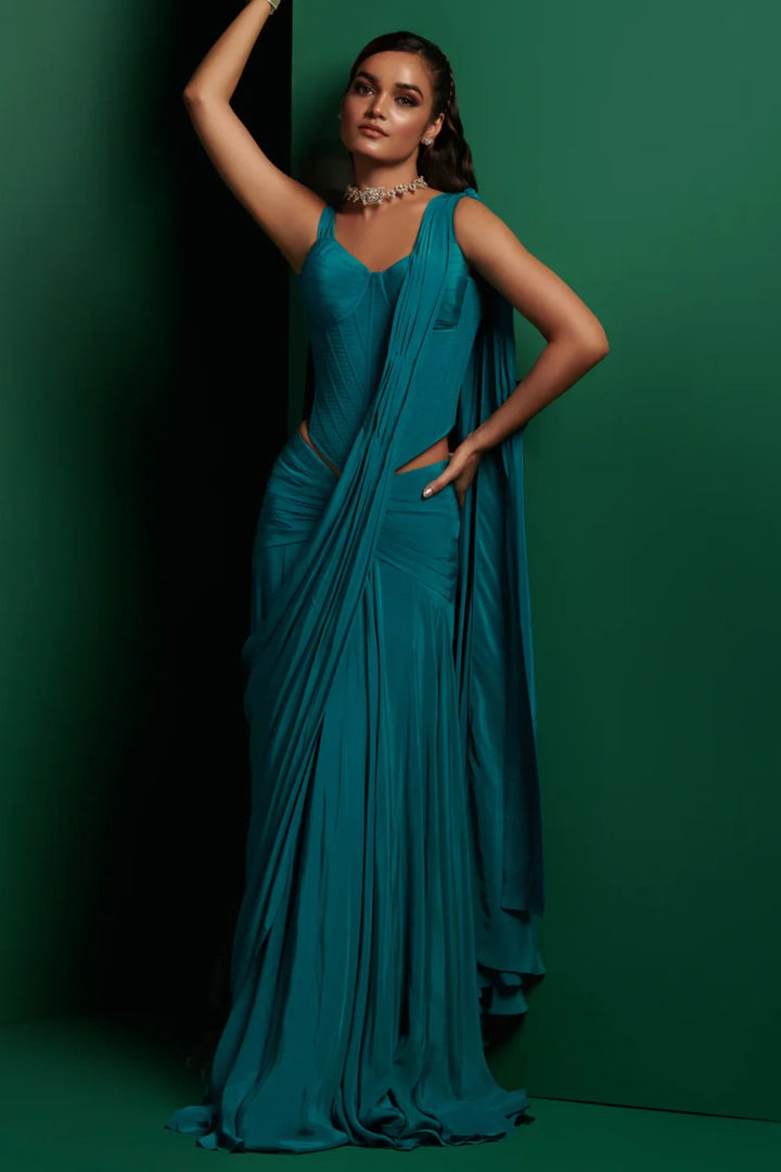 Teal Green Longline Torso Corset With Drape Saree