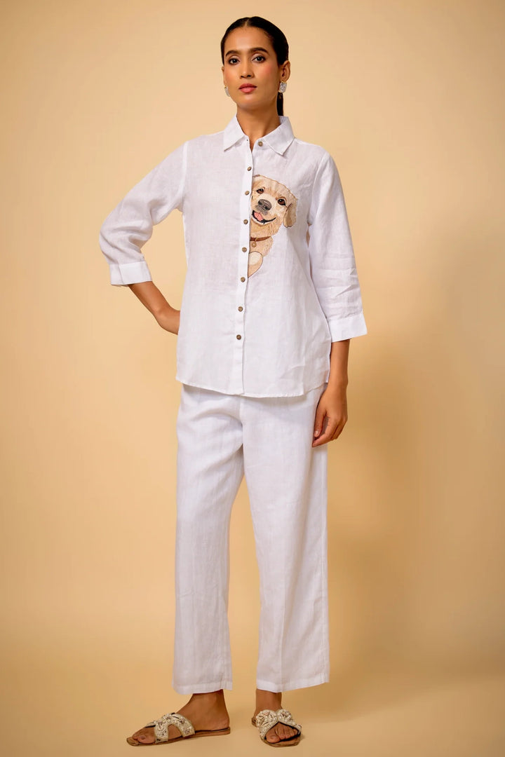 Pure Linen White Balou Embroidered Shirt