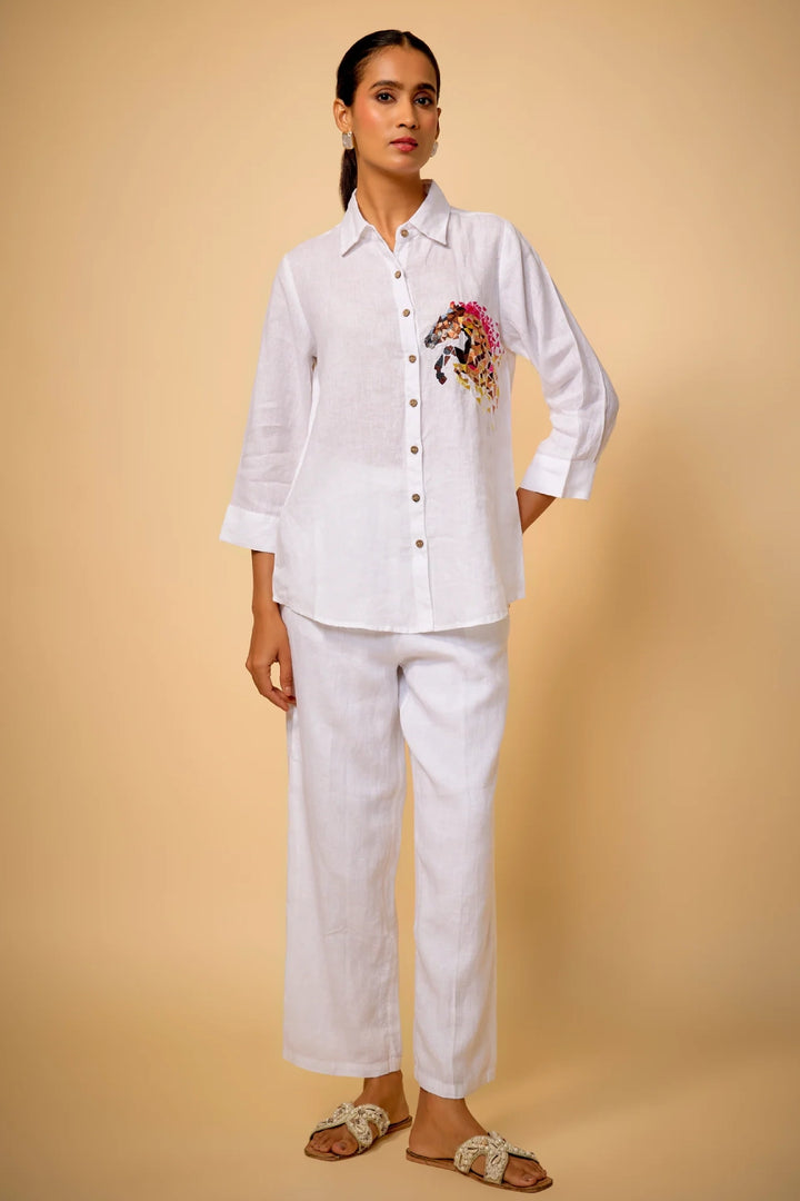Pure Linen White Cubic Horse Embroidery Shirt