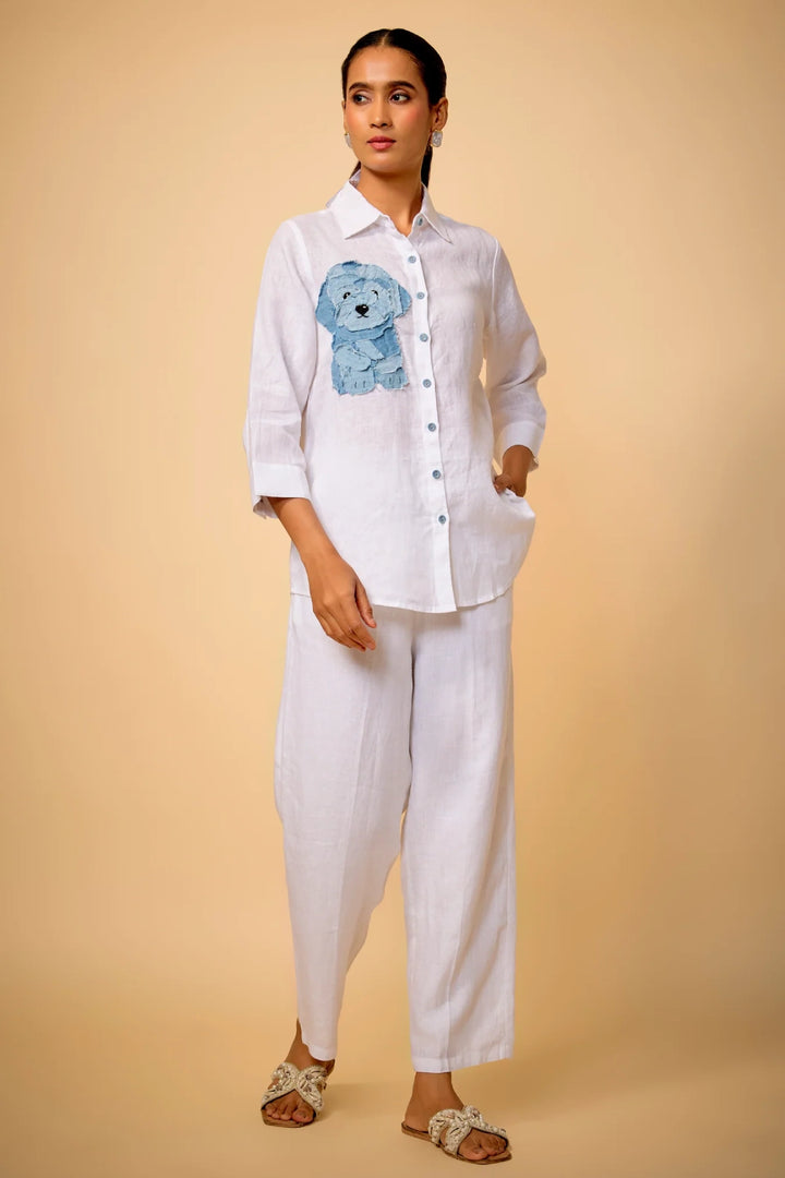 Pure Linen Shirt With Denim Dog Applique