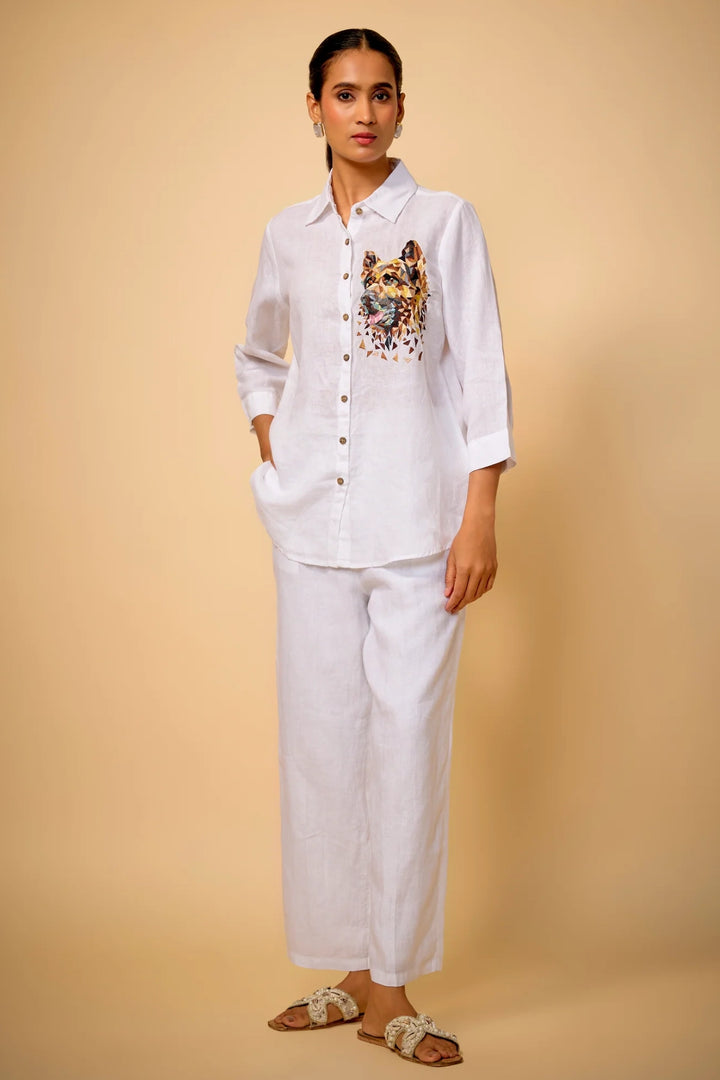 Pure Linen White captain Dog Embroidered Shirt