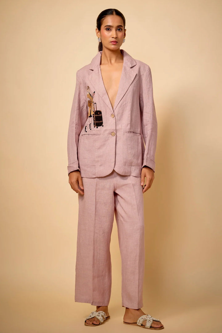 Pure Linen Pink Travel Embroider Blazer