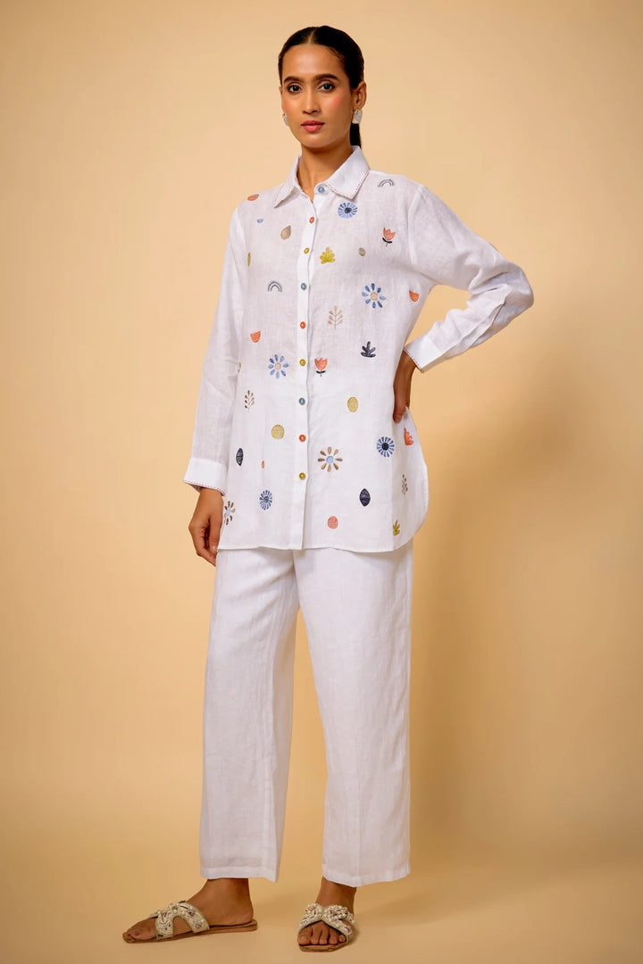 White Floral Embroidered Shirt