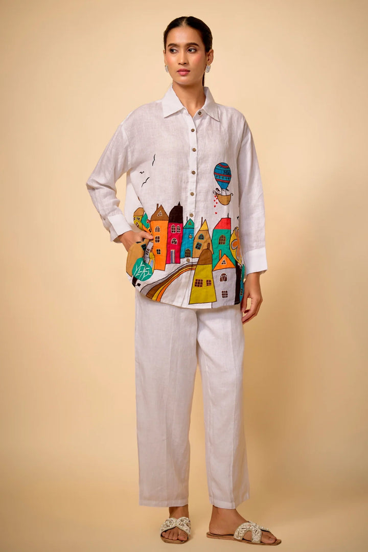 Pure Linen White Ambleside Ebroidered Big Shirt