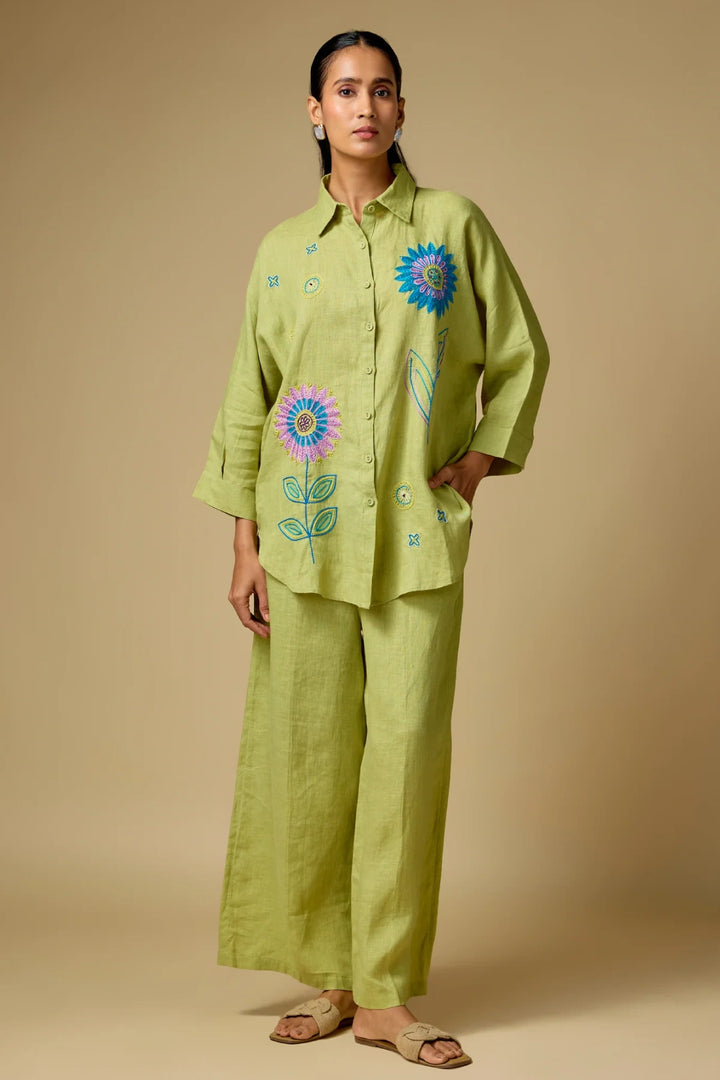 Pure Linen Pista green Floral Co-ord Set