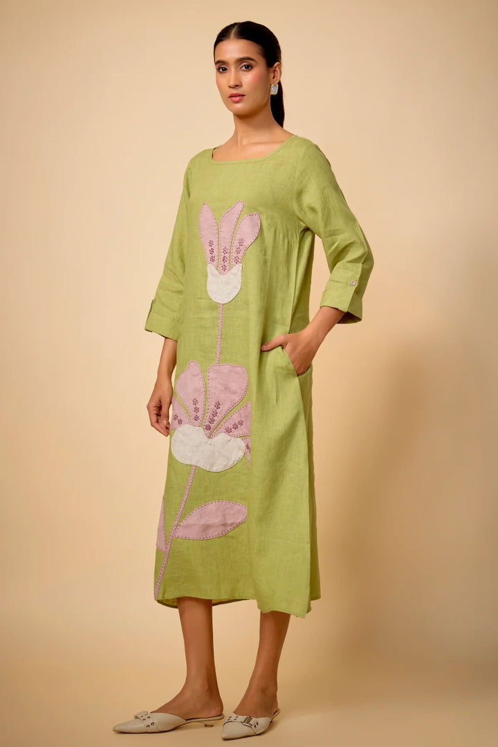 Pure Linen Pista Green Pink Floral Embroidered Dress