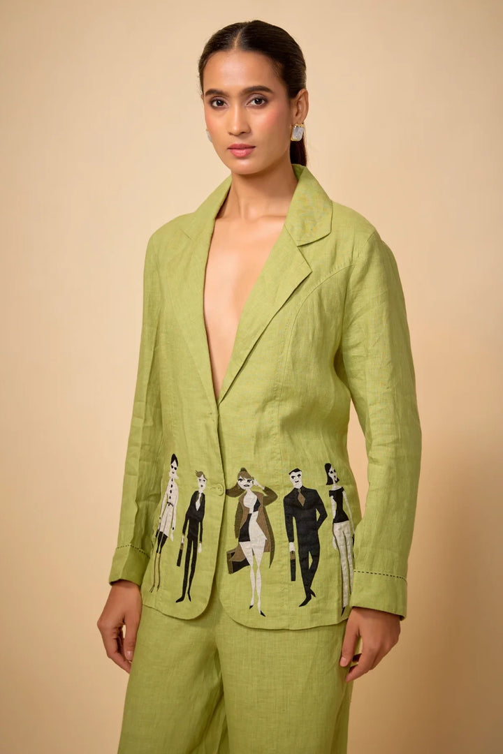 Pure Linen Pista Green Doodle Ebroidered Blazer