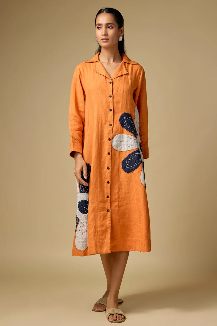 Pure Linen Orange Floral Embroidery Dress