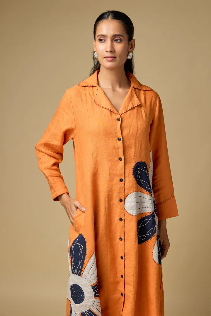 Pure Linen Orange Floral Embroidery Dress