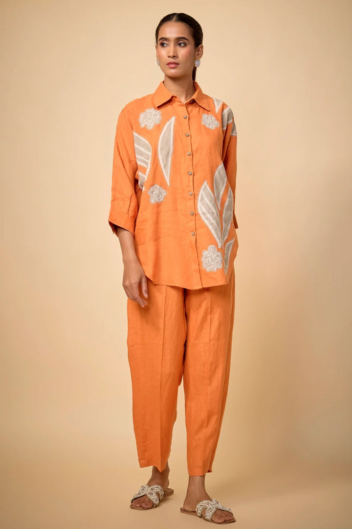 Pure Linen Orange Bigshirt Co-Ord Set